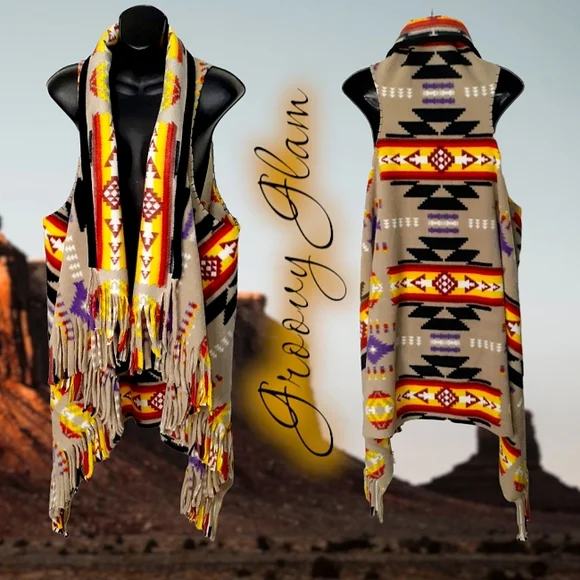 GROOVY GLAM Tan Handmade Fringed Aztec Southwest Vest Plus Sizes - Picture 1 of 5